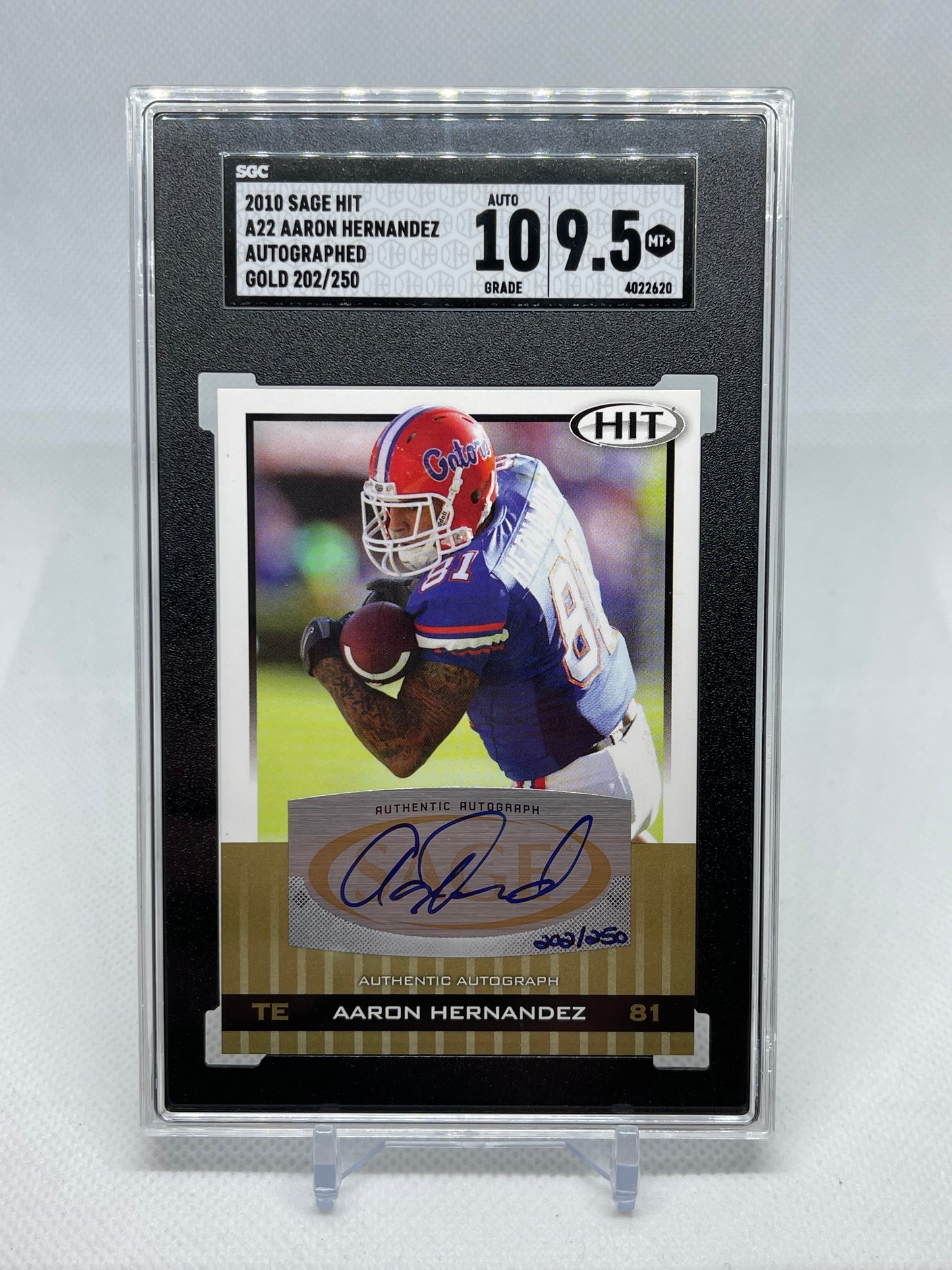 AARON HERNANDEZ 2010 Sage Hit GOLD Autograph SP RC AUTO #/250 SGC 9.5 Auto 10