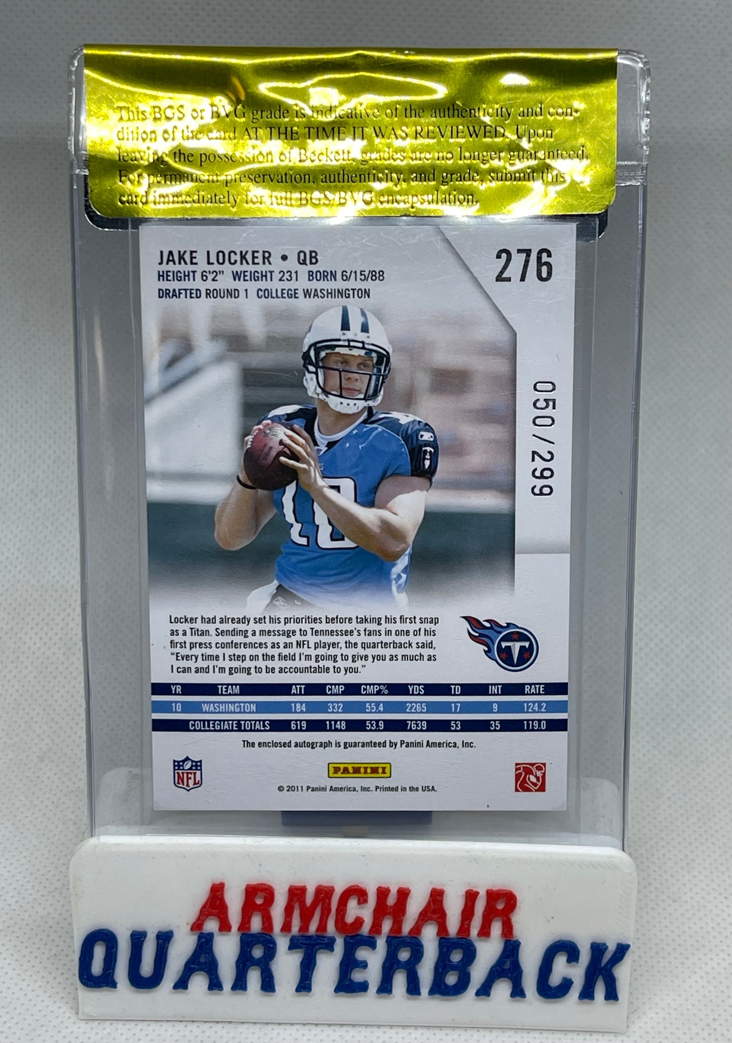 Jake Locker 2011 Rookies and Stars Auto/Patch 10/10 #’d/299