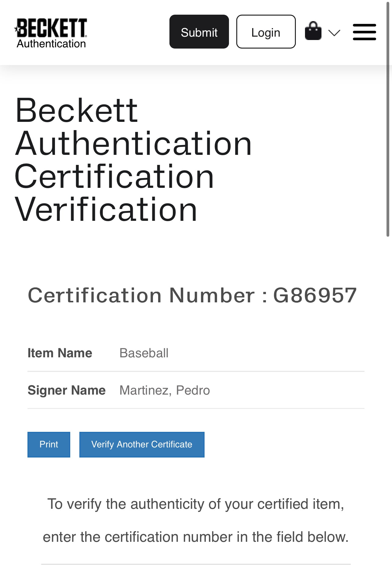 Pedro Martinez Autographed baseball BAS Beckett Authentication
